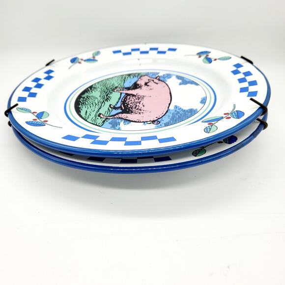 Vtg Midwest Importers Barnyard Animals Enamel Pig Checkered Display Metal Plates - Picture 7 of 11